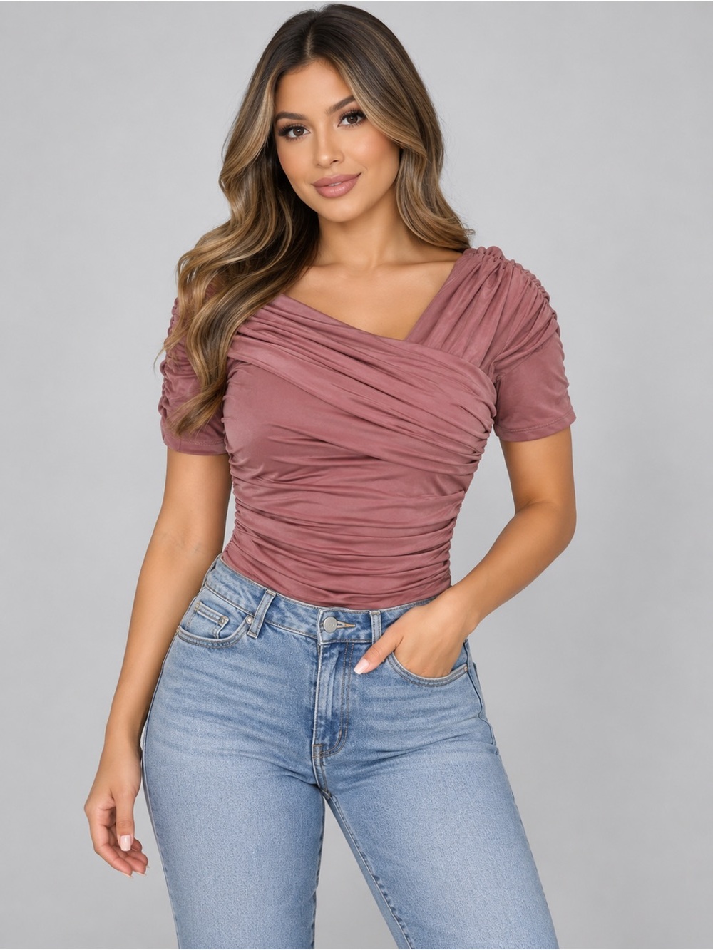 Express Women's Mauve Ruched
Bodysuit - Size Small